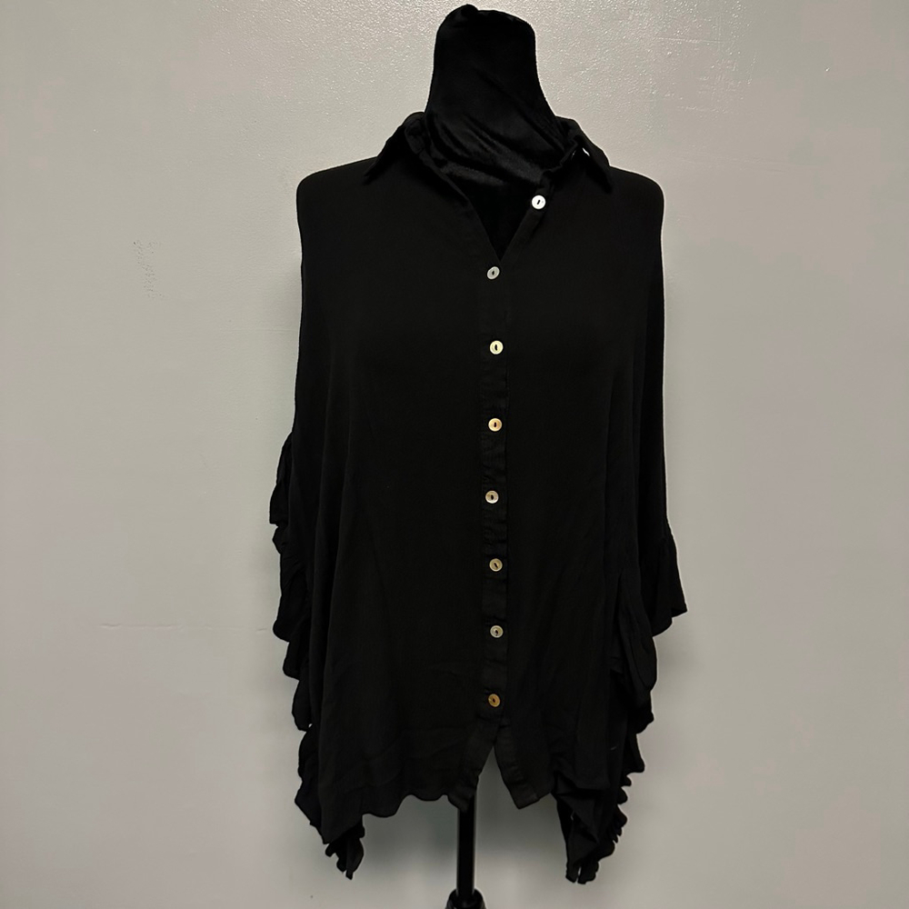 SPLA Black Button Down Shirt with Ruffle Sleeves, women’s Small poncho oversized